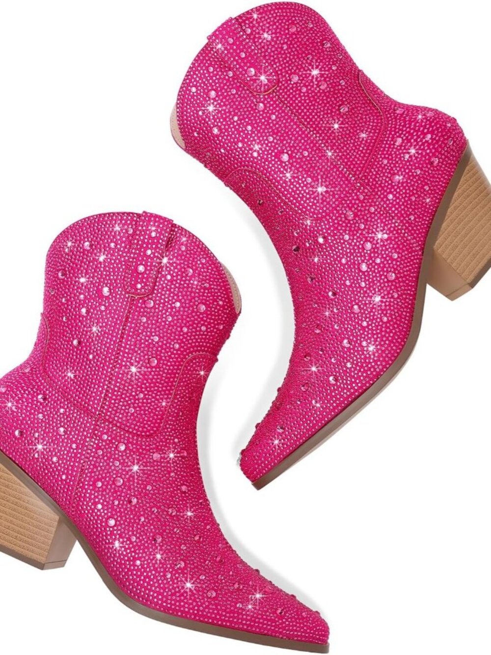 Women's Pink Western Booties Rhinestone Chunky Heel Fashion Cowgirl Ankle Boots - Picture 6 of 7